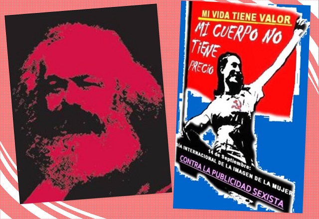 Imagen de Carlos Marx y afiche del activismo feminista en contra de la publicidad sexista
