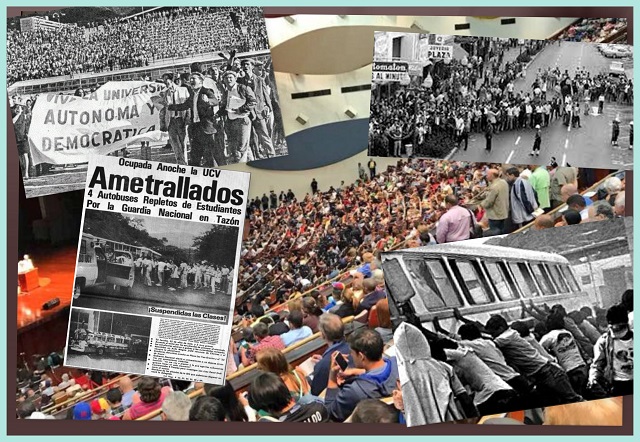 Composición de fotos alusivas al Día del Estudiante en Venezuela que conjuga escenas de distintos episorios de la lucha estudiantil en diferentes años, tanto de 1957 como de los años ochenta, sobre la imagen de un evento en el Aula Magna de la Universidad Central de Venezuela