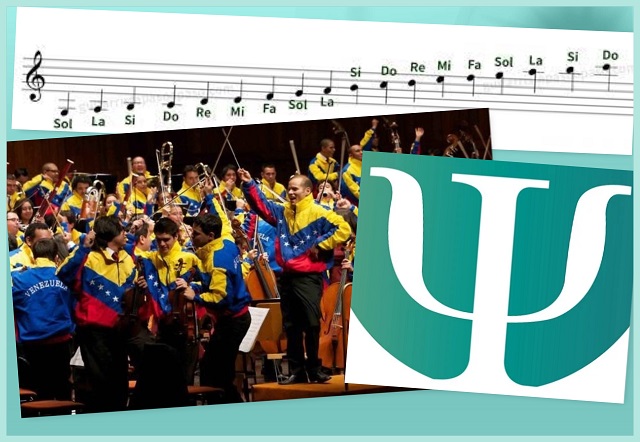 Es el Día del Músico y la Música y también del Psicólogo. En la foto notas musicales en un pentagrama y la Orquesta Sinfónica de Venezuela, junto al símbolo de la Psicología.