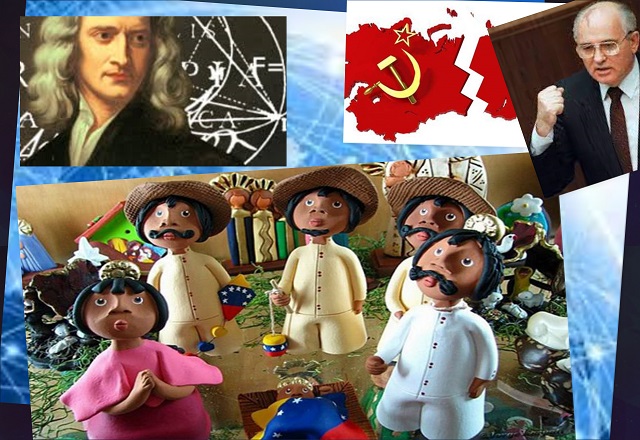 Representamos la Navidad con la imagen de un pesebre venezolano, típico de nuestras tradiciones. En la imagen, Newton, Gorbachov y en el fondo la maraña de Internet.