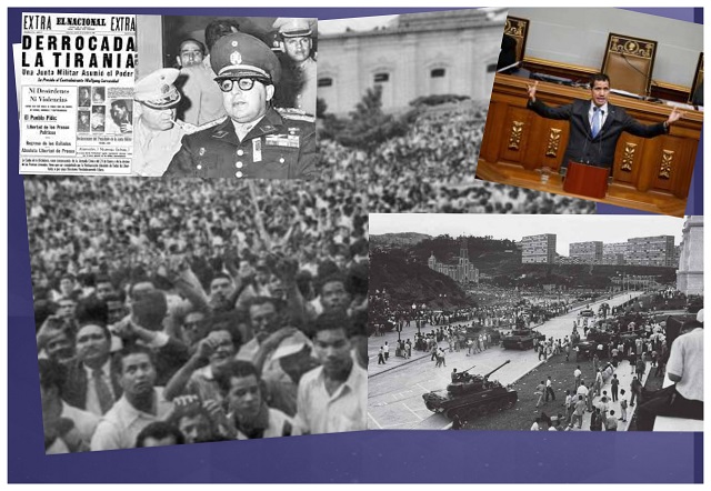 El 23 de enero de 1958 un levantamiento cívico militar derriba a Pérez Jiménez en Venezuela. El mismo día pero en 2019 Juan Guaidó se autoproclama, con la AN opositora como "Presidente Encargado", de manera ilegítima.