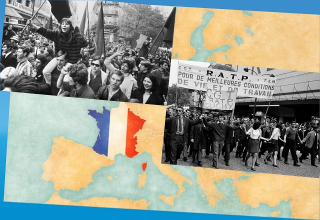 Imágenes del Mayo Francés sobre el mapa de Europa con Francia