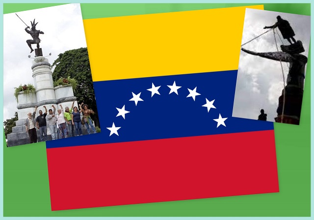 Del lado izquierdo de la bandera nacional el monumento al cacique Guaicaipuro que reemplazó a la estatua de Colón derribada por activistas autónomos del movimiento popular venezolano