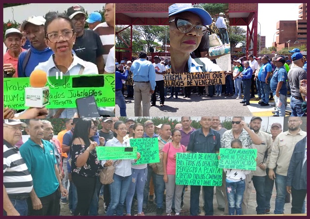 En la composición, con fotos enviadas por los trabajadores, la protesta de los activos, "desactivados", "prejubilados", jubilados y pensionados de las empresas de la Corporación Venezolana de Guayana. Elsa Baute, trabajadora "desactivada" de Venalum ofrece declaraciones.